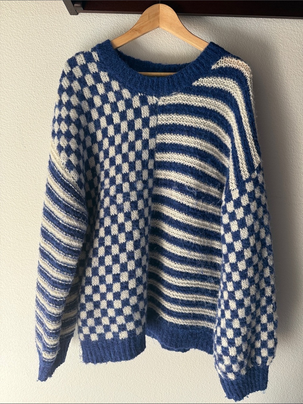 Blu Pepper Checkerboard & Stripe Fuzzy Knit Sweater, Size L, Oversized, Blue